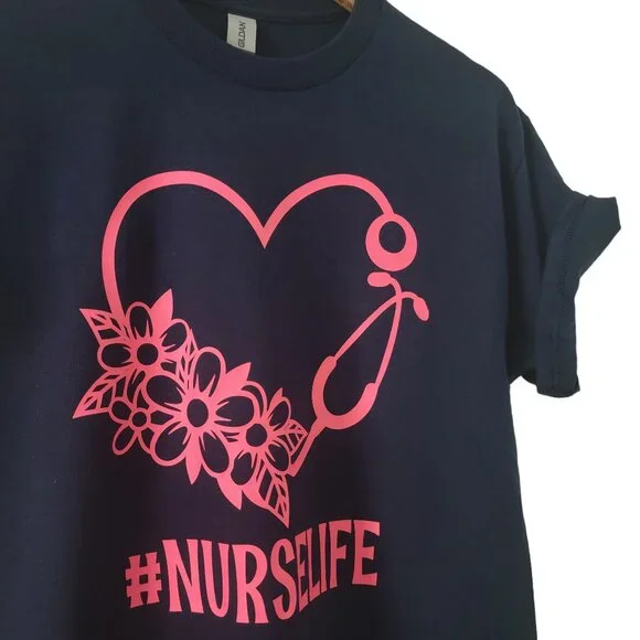 NEW | Gildan | Navy & Pink | Custom Unisex Short Sleeve Tee #NURSELIFE - Picture 2 of 4